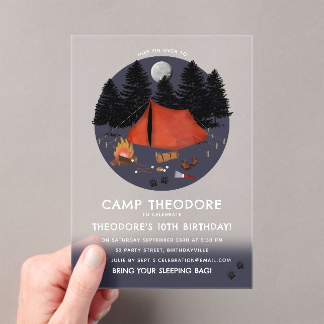 Invitaciones Acrílicas Camping Outdoor Adventure Campfire Fiesta de cumpl (Insitu (portátil))