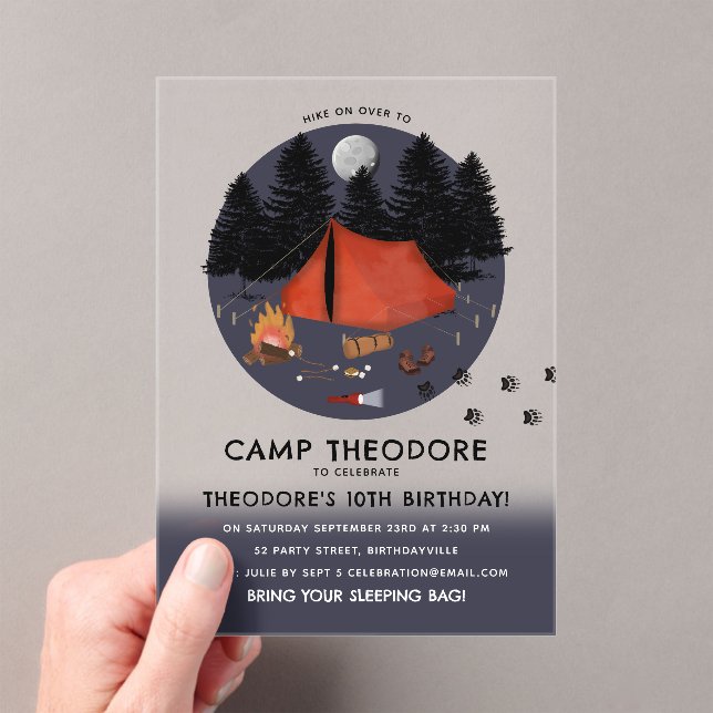 Invitaciones Acrílicas Camping Outdoor Adventure Campfire Fiesta de cumpl (Insitu (portátil))