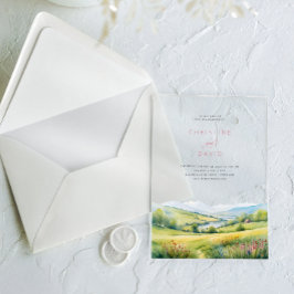 Invitaciones Acrílicas Campo De Flores Silvestres Y Montañas Boda Rústico