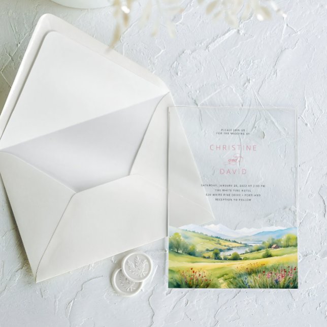 Invitaciones Acrílicas Campo De Flores Silvestres Y Montañas Boda Rústico (Subido por el creador)