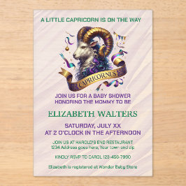 Invitaciones Acrílicas Capricorn Zodiac Baby Shower Lavender and Green