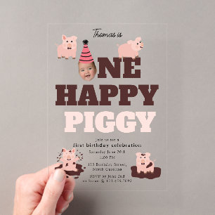 Invitaciones Acrílicas Cara Divertida de Un Cerdito Feliz en Foto de Cump
