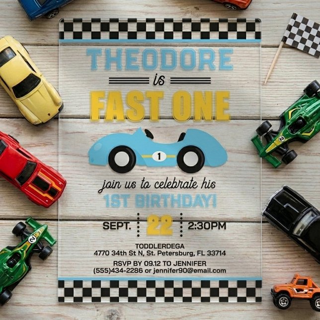 Invitaciones Acrílicas Carrera de Autos Rápidos Cumpleaños número 1 (Subido por el creador)
