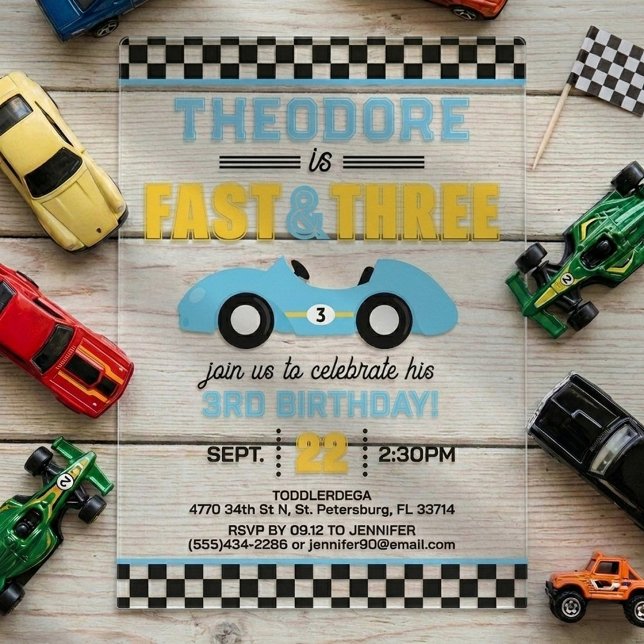 Invitaciones Acrílicas Carrera Rápida & Tres 3er Cumpleaños (Subido por el creador)