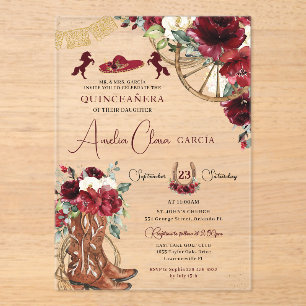 Invitaciones Acrílicas Carro floral rojo borgoña Quinceanera occidental