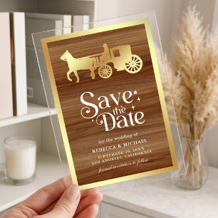 Invitaciones Acrílicas Carruaje de Hadas Dorado Boda Save the Date