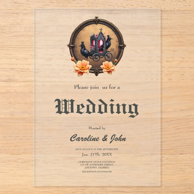 Invitaciones Acrílicas Carruaje gótico con cuervos y rosas.  (Anverso)