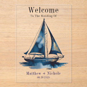 Invitaciones Acrílicas Cartel de bienvenida de boda dorado náutico de col