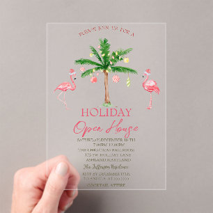 Invitaciones Acrílicas Casa abierta de vacaciones de flamencos rosados de
