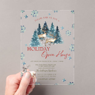 Invitaciones Acrílicas Casa Abierta de Vacaciones de Reno de Bosque de Pi