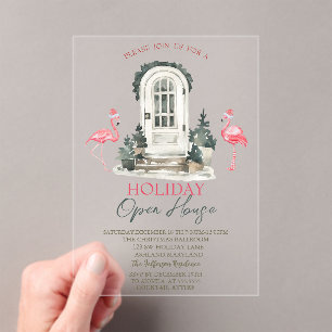 Invitaciones Acrílicas Casa abierta en vacaciones con flamencos rosados e