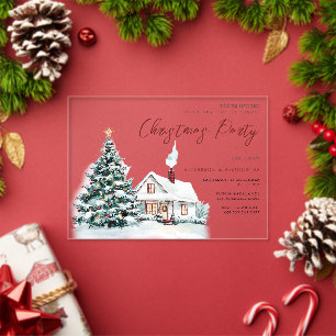 Invitaciones Acrílicas Casa nevada festiva y fiesta de Navidad del árbol