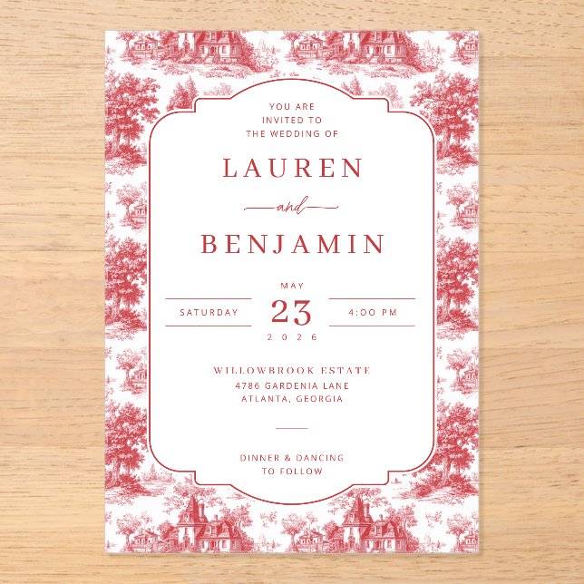 Invitaciones Acrílicas Casas Elegantes Rojas Vintage (Anverso)