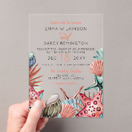 Invitaciones Acrílicas Cascada acuática rústica Seashells Starfish Beach 