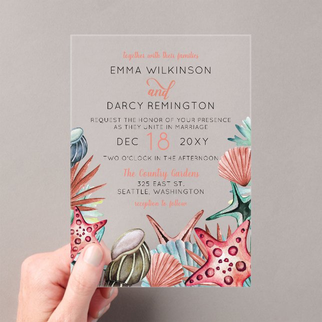 Invitaciones Acrílicas Cascada acuática rústica Seashells Starfish Beach  (Insitu (portátil))