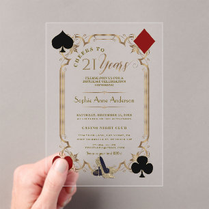 Invitaciones Acrílicas Casino de Lujo Gold Feliz Cumpleaños 21 Años