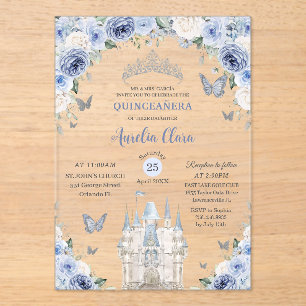 Invitaciones Acrílicas Castillo de la Princesa Floral Azul Blanco Quincea