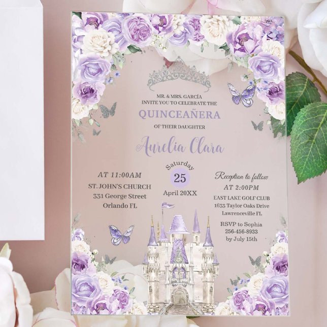 Invitaciones Acrílicas Castillo Princesa Floral Blanco Púrpura Quinceañer (Subido por el creador)