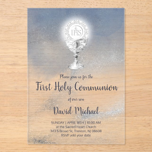 Invitaciones Acrílicas catholic boy first communion watercolor marble (Anverso)