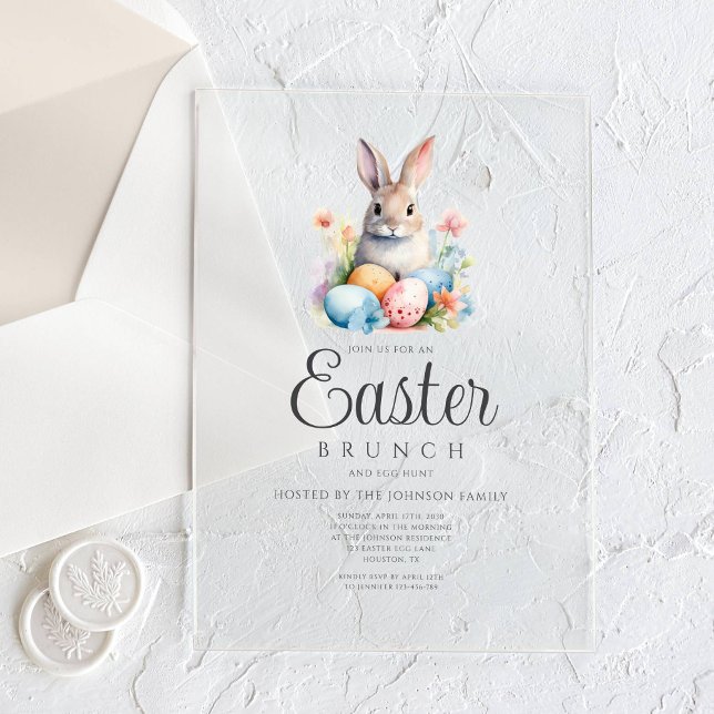 Invitaciones Acrílicas Caza De Huevos De Conejo Y Brunch De Pascua (Cute Bunny Egg Hunt And Easter Brunch Acrylic Invitations)