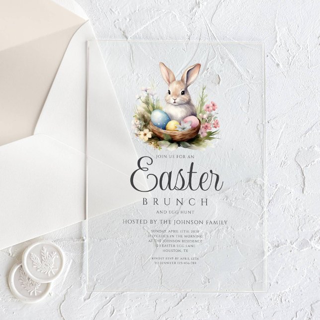 Invitaciones Acrílicas Caza De Huevos De Conejo Y Brunch De Pascua (Cute Bunny Egg Hunt And Easter Brunch Acrylic Invitations)