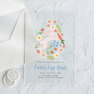 Invitaciones Acrílicas Caza de huevos de pascua de conejo floral