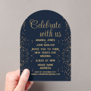 Invitaciones Acrílicas Celebra Con Nosotros Boda de Año Nuevo en Oro y Az