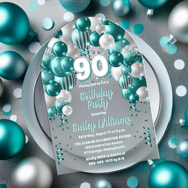 Invitaciones Acrílicas Celebración de Aqua Globos Fiesta de cumpleaños 90 (Aqua Celebration Balloons "90" 90th Birthday Party Acrylic Invitation)