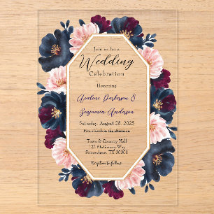 Invitaciones Acrílicas Celebración de boda de madera rosa peonía borgoña