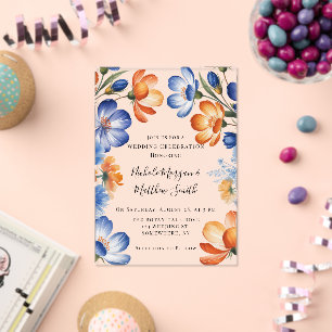 Invitaciones Acrílicas Celebración de boda floral azul cobalto y naranja