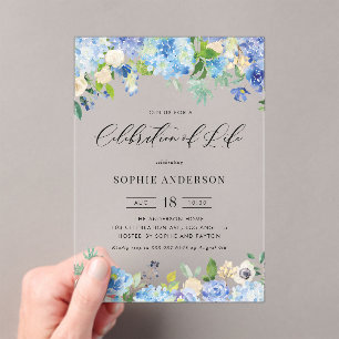 Invitaciones Acrílicas Celebración de la Vida con Hortensia Azul y Rosa M