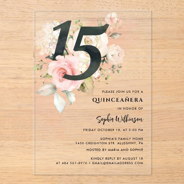 Invitaciones Acrílicas Celebración de Quinceanera floral rosa (Anverso)