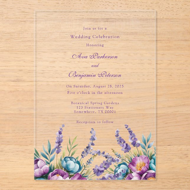 Invitaciones Acrílicas Celebración del Boda Turquesa Purple Wildflowers (Anverso)