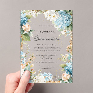 Invitaciones Acrílicas Celebración Elegante Quinceañera Floral Azul 15 