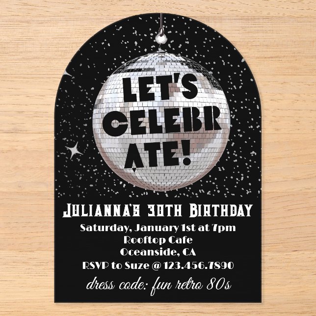 Invitaciones Acrílicas Celebremos Cumpleaños Retro 80  (Anverso)