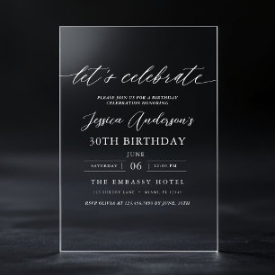 Invitaciones Acrílicas Celebremos la letra Minimalista Cumpleaños 30