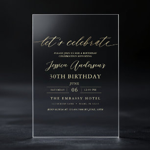 Invitaciones Acrílicas Celebremos Minimalista Dorado Cumpleaños 30