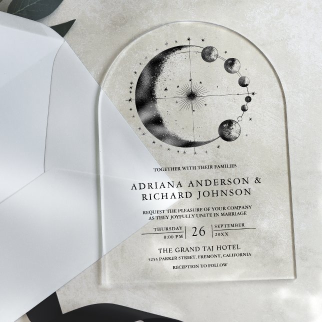 Invitaciones Acrílicas Celestial Black Crescent Moon Phases Wedding (Subido por el creador)