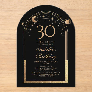 Invitaciones Acrílicas Celestial Black Gold Sun Moon Stars 30 cumpleaños