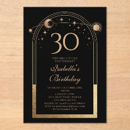 Invitaciones Acrílicas Celestial Black Gold Sun Moon Stars 30 cumpleaños