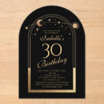 Invitaciones Acrílicas Celestial Black Gold Sun Moon Stars 30 cumpleaños<br><div class="desc">Astronomía del Celestial Black Gold Sun Moon 30th Birthday Acrylic Invitation presenta un elegante sol dorado, luna y estrellas con un marco dorado sobre un fondo negro. Adentro está tu personalizado la información de la invitación por trigésimo cumpleaños. Personalice editando el texto en los cuadros de texto. Diseñado por Evco...</div>