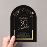 Invitaciones Acrílicas Celestial Black Gold Sun Moon Stars 30 cumpleaños<br><div class="desc">Astronomía del Celestial Black Gold Sun Moon 30th Birthday Acrylic Invitation presenta un elegante sol dorado, luna y estrellas con un marco dorado sobre un fondo negro. Adentro está tu personalizado la información de la invitación por trigésimo cumpleaños. Personalice editando el texto en los cuadros de texto. Diseñado por Evco...</div>