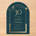 Invitaciones Acrílicas Celestial Green Gold Sun Moon Stars 30 cumpleaños<br><div class="desc">Astronomía de la Luna de Oro Verde Celestial 30 Aniversario de la Astronomía Acrílica de los 30 Años, con un elegante sol dorado, luna y estrellas con un marco dorado sobre un fondo verde del bosque. Adentro está tu personalizado la información de la invitación por trigésimo cumpleaños. Personalice editando el...</div>