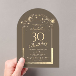 Invitaciones Acrílicas Celestial Mocha Gold Sun Moon Stars 30 cumpleaños
