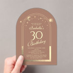 Invitaciones Acrílicas Celestial Mocha Gold Sun Moon Stars 30 cumpleaños<br><div class="desc">Astronomía de Mocha Mousse Gold Sun Moon 30th Birthday Acrylic Invitation presenta un elegante sol dorado, luna y estrellas con un marco dorado sobre el fondo de una mousse mocha. Adentro está tu personalizado la información de la invitación por trigésimo cumpleaños. Personalice editando el texto en los cuadros de texto....</div>