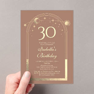 Invitaciones Acrílicas Celestial Mocha Gold Sun Moon Stars 30 cumpleaños