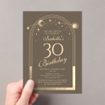 Invitaciones Acrílicas Celestial Mocha Gold Sun Moon Stars 30 cumpleaños<br><div class="desc">Astronomía Celestial Mocha Gold Sun Moon 30th Birthday Acrylic Invitation presenta un elegante sol dorado, luna y estrellas con un marco dorado sobre un fondo de mocha. Adentro está tu personalizado la información de la invitación por trigésimo cumpleaños. Personalice editando el texto en los cuadros de texto. Diseñado por Evco...</div>