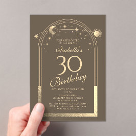 Invitaciones Acrílicas Celestial Mocha Gold Sun Moon Stars 30 cumpleaños