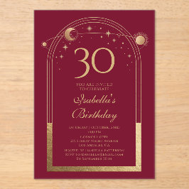 Invitaciones Acrílicas Celestial Red Gold Sun Moon Stars 30 cumpleaños