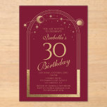 Invitaciones Acrílicas Celestial Red Gold Sun Moon Stars 30 cumpleaños<br><div class="desc">Astronomía del Celestial Red Gold Sun Moon 30th Birthday Acrylic Invitation presenta un elegante sol dorado, luna y estrellas con un marco dorado sobre un fondo rojo. Adentro está tu personalizado la información de la invitación por trigésimo cumpleaños. Personalice editando el texto en los cuadros de texto. Diseñado por Evco...</div>